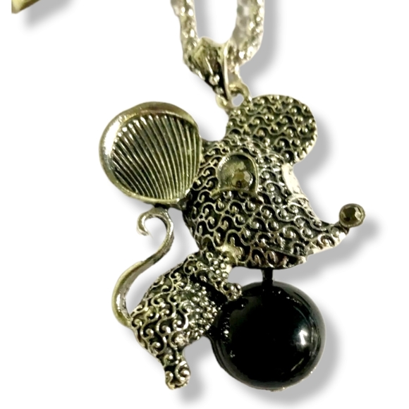 Silver plated black stone crystal mouse necklace earring bracelet set - Picture 8 of 13